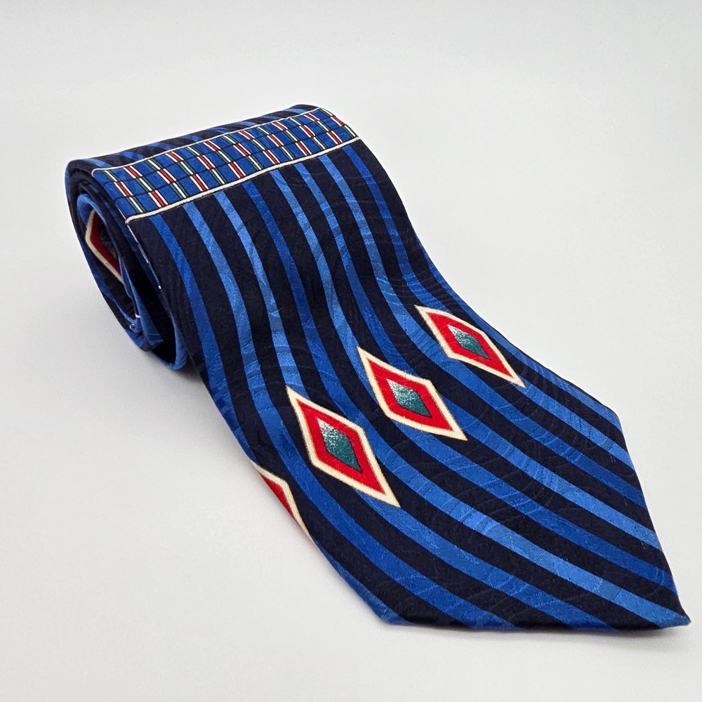 Cross Mens Silk Tie Blue Navy Red Geometric Diamond Striped Made in USA 4‎ Inch
